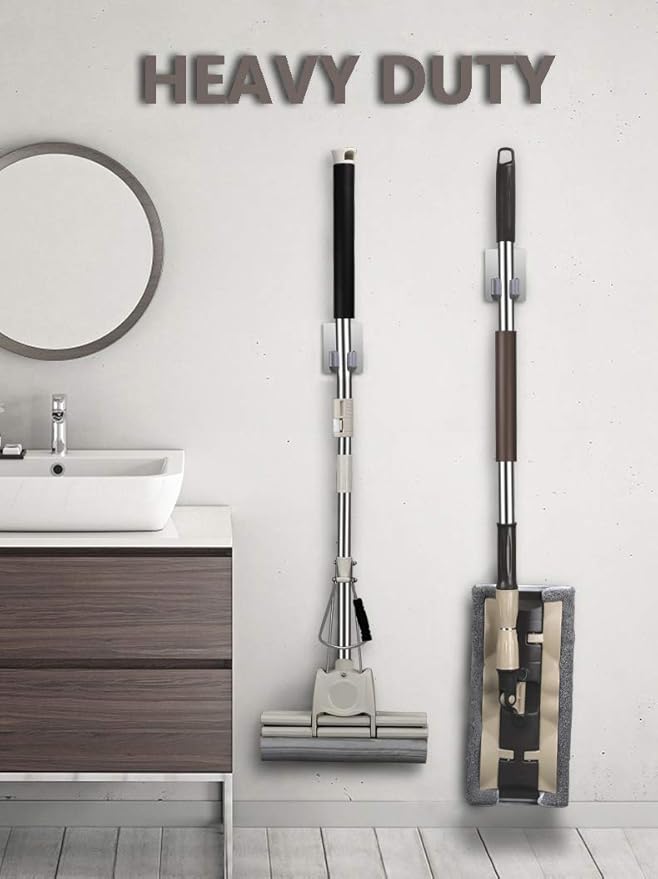 HANZE 4 Pack Stainless Steel Mop Broom Holder Organizer, Self Adhesive Wall Mounted Mop Organizer Storage Rack Clip for Kitchen Bathroom and Garage (Rectangle, Large)
