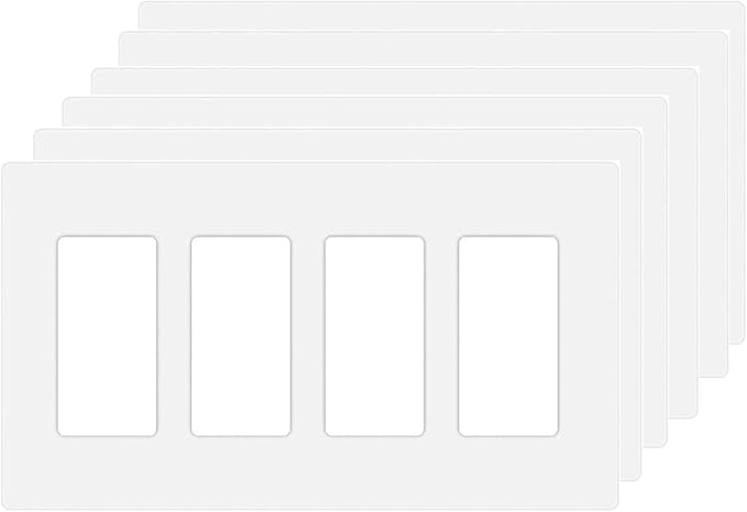 4-Gang Screwless Decora Wall Plate Cover Switch Outlet Electrical Faceplate for Light Switche, Smart Switch, Receptacle, Dimmers, USB Outlet, GFCI, Child Safe Cover Plate, White (6-Pack)