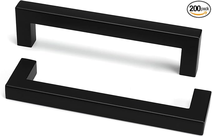 goldenwarm 200 Pack 5 Inch Black Cabinet Handles - Matte Black Drawer Pulls Stainless Steel - 128mm Cabinet Hardware Square Bar Modern Cabinet Pulls for Kitchen Bathroom Cupboard