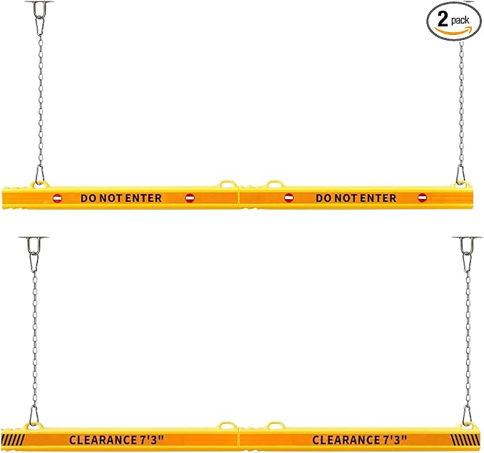78” Height Guard Clearance Bar (Warning Sign) - MAX Clearance Adjustable to 7' 3" - Hanging Safety Bar with Reflective Yellow Stripes for Parking Lots, Warehouses, Garage Entrances