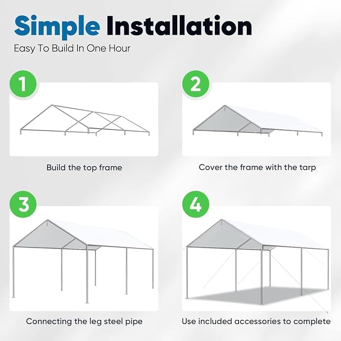 Quictent 10x20 ft Heavy Duty Car Canopy Galvanized Frame Carport Outdoor Party Tent Boat Shelter with 3 Reinforced Steel Cables - White