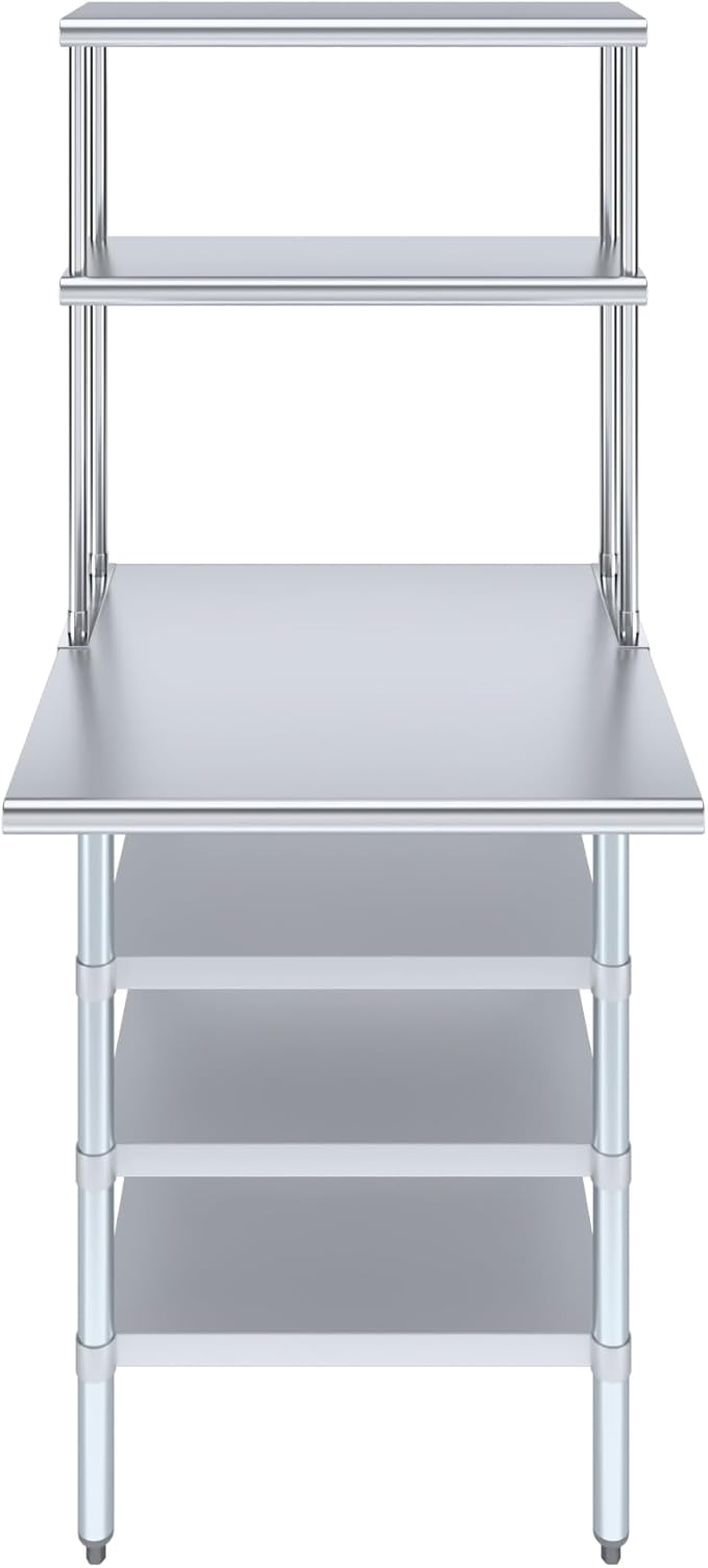 Amgood 30" x 30" Stainless Steel Work Table with 3 Shelves and 12" Wide Double Tier Overshelf | Metal Kitchen Prep Table & Shelving Combo | NSF