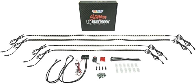 LEDGlow 4pc Blue LED Flexible Car Slimline Underbody Underglow Accent Neon Lighting Kit - 4 Unique Patterns - Water Resistant, Low Profile Light Tubes - Includes Control Box & Remote