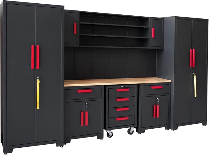 Garage Cabinet Storage System - 9-Piece Workshop Set w/Steel Cabinets & Workbench Includes Rolling Chest & Pegboard | Heavy-Duty Black & Red Tool Organization for Garage/Workshop
