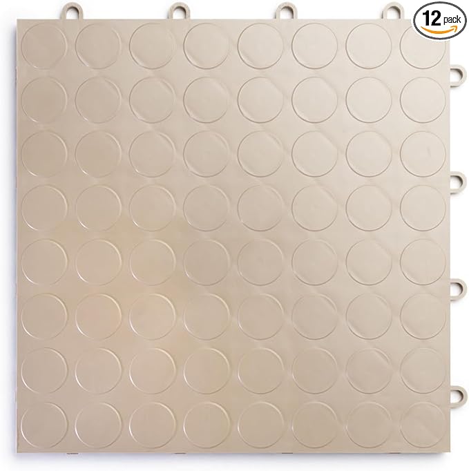 Big Floors RaceDeck CircleTrac, Interlocking Non-Slip Garage Flooring Tile, Durable, Modular, Heavy-Duty Copolymer, Easy Install (Beige, 12 Pack of 12 x 12" Tiles)