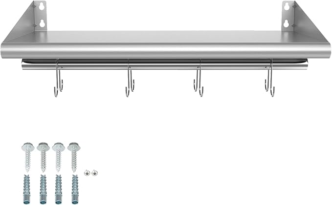 Skyflame 12" x 24" Stainless Steel Shelf with 4 Hooks, Wall Mounted Floating Shelving Storage Rack for Restaurant, Kitchen, Bathroom, Office