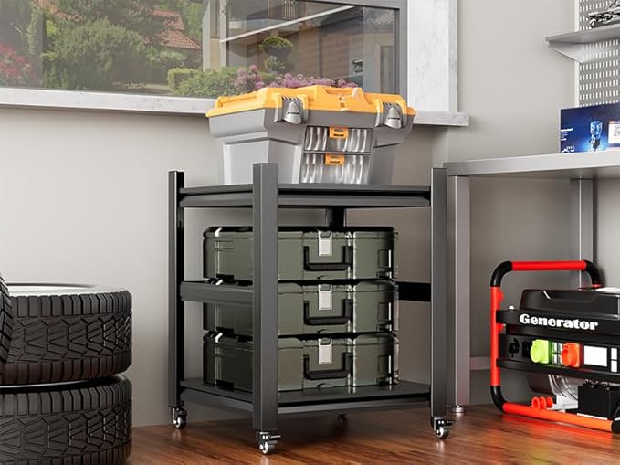 2 Sets Garage Shelving with Wheels and fences Unit 2 Tier Heavy Duty Storage Shelves Easy Assembly Adjustable Metal Steel Utility Shelf Rack Garage Storage Organize for Tools Basement,Warehouse