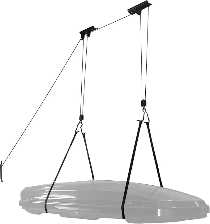Cargo Box Ceiling Hoist – Garage Pulley Lift System for Rooftop Cargo Carrier Fits Garage or Shed with 100lb Capacity for Bicycles or Ladders or Roof Luggage Box or Roof Luggage Frame