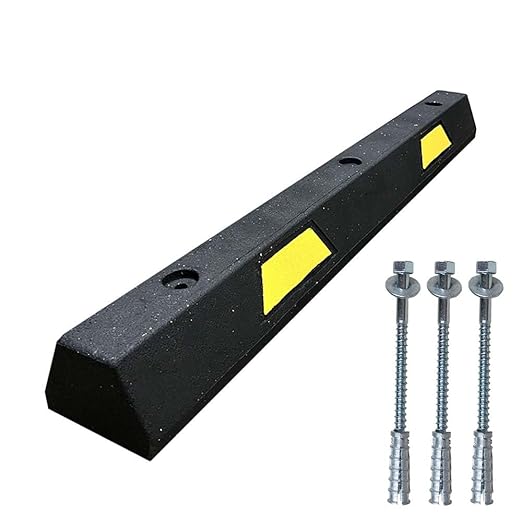 Plasticade 4' Rubber Car Parking Stop with Concrete Hardware, Maintenance Free, Embedded Yellow Reflective Stripes for Added Visibility and Pre-Drilled Holes for Easy Installation, Made in The USA