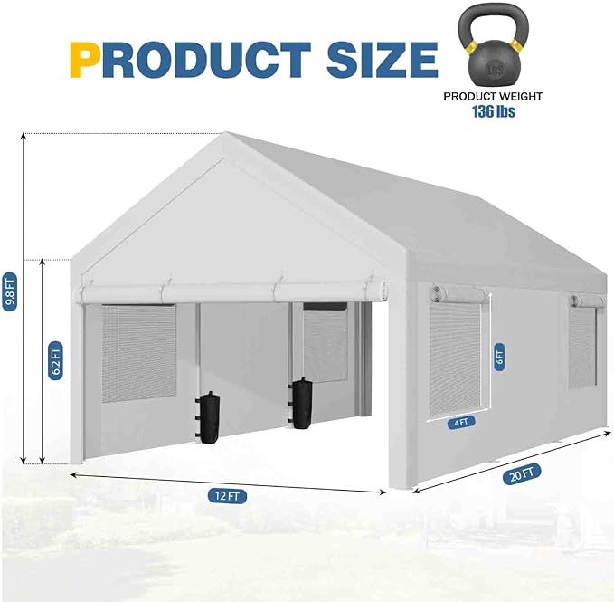 JAMFLY 12x20 ft Heavy Duty Carport with Roll-up Windows & Removable Sidewalls & Doors – Portable Garage Canopy with All-Season Tarp, Sandbags for Car, Truck, Boat, Motorcycle, White