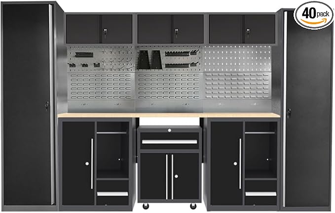 Garage Storage Cabinet Set System with Wooden Tabletop, Included Tool Cart, for Workshop Basement Utility Room