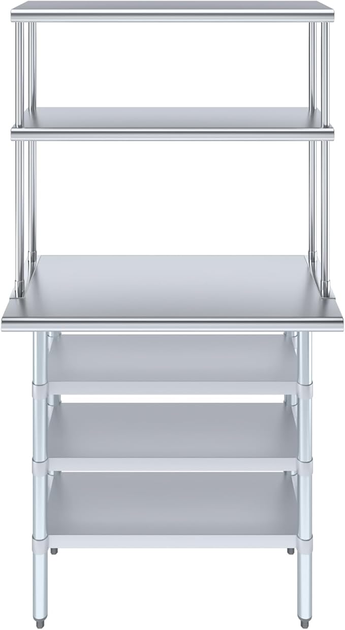Amgood 18" x 36" Stainless Steel Work Table with 3 Shelves and 12" Wide Double Tier Overshelf | Metal Kitchen Prep Table & Shelving Combo | NSF