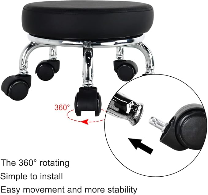 Modern Roller Seat PU Leather Low Round Rolling Stool 360 Swivel Small Stool with Universal Caster Wheels for Home Office, Garage, Shop, Fitness, Sport (H: 8.6", Black)