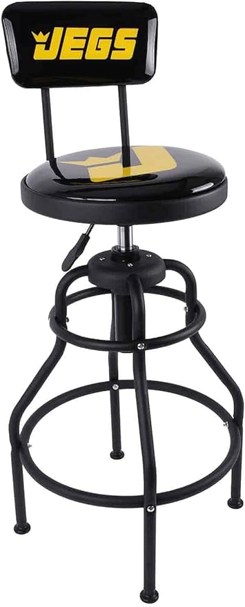 JEGS Hydraulic Shop Stool with Backrest - Adjustable Height (28" to 32.5") & 360 Degree Swivel - Vinyl Padded Seat & Backrest - Heavy Duty - Up to 300lb Capacity