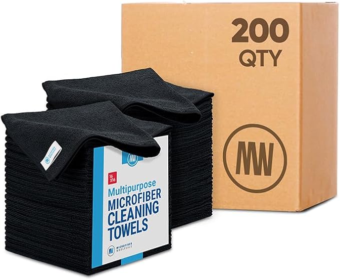 Bulk 16" x 16" All Purpose Microfiber Towels Wholesale - Case Quantity (200 Count) | Large | No Fraying | High Density Microfiber | Zero Chemical Cleaner | Long-Lasting (Black)