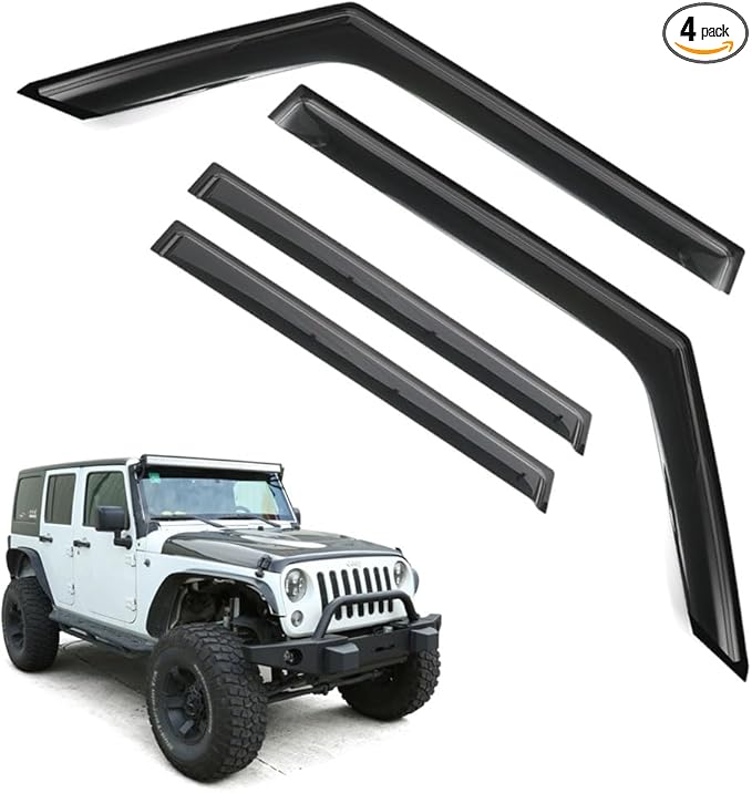 Rain Guards for Jeep Wrangler JK 2007-2018, Tape-on Side Window Deflectors for Jeep Wrangler, Window Visors for Jeep Cars, for Jeep Car Accessories, 4 pcs, FOR-WRANGLER-07/18-JK