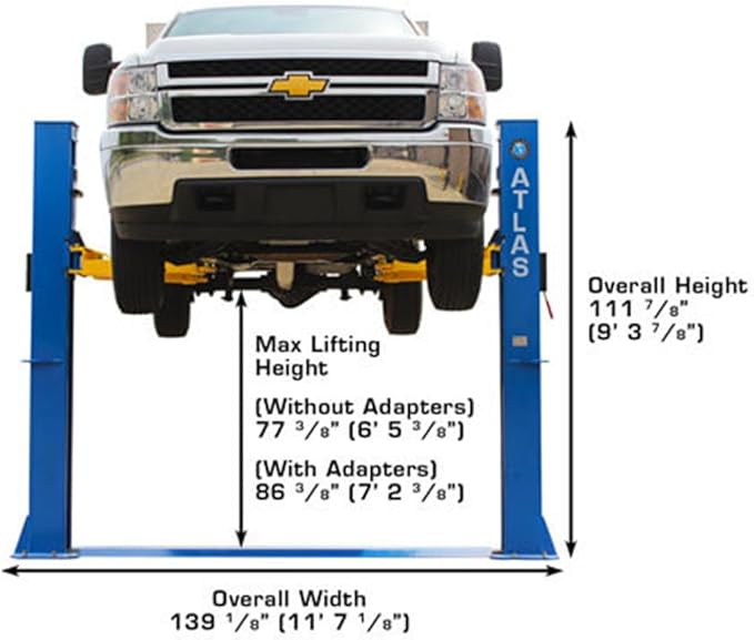 ATLAS Automotive Equipment BP10000X 2-Post Commercial Grade Vehicle Lift, Baseplate, Open-top Style, 9’6” Minimum Ceiling Height, 10,000lb Capacity, Super Symmetric Arms, for Low Ceiling Garage Use