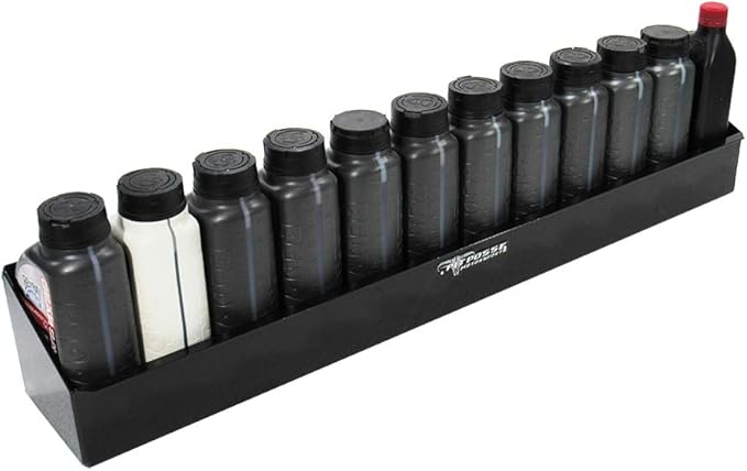 Pit Posse 443BK Oil Shelf 12 Quart Bottle Holder Storage Organizer Caddy 32" | Made in USA | Enclosed Race Trailer Garage Shop Automotive Motor Engine Oil Rack Caddie Shelves (Black)