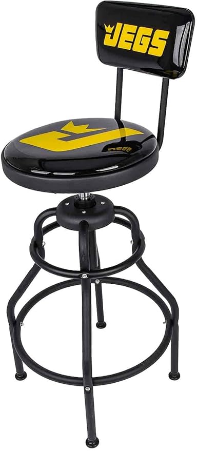 JEGS Hydraulic Shop Stool with Backrest - Adjustable Height (28" to 32.5") & 360 Degree Swivel - Vinyl Padded Seat & Backrest - Heavy Duty - Up to 300lb Capacity