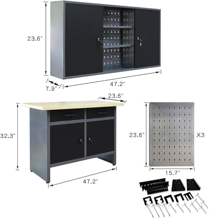 JZD Industrial Steel Garage Storage Cabinet System, Included Pegboard Wall Cabinet Wood Table Top, for Auto Repair Shops, Utility Room