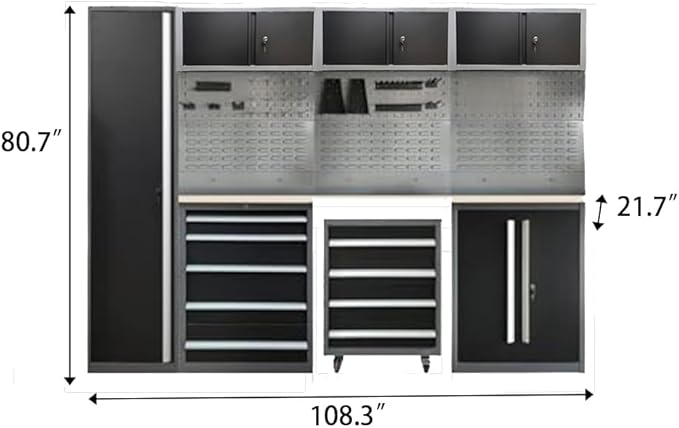 JZD Metal Garage Storage System, Lockable Tool Cabinet Workbench for Workshop, No Wall Mounting Needed, for Utility Room Pantry