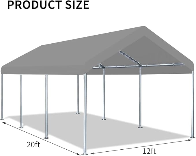 12'x20' Upgraded Carport Replacement Top Canopy Cover for Car Garage Shelter Tent Party Tent with Ball Bungees Grey (Only Top Cover, Frame is not Included)