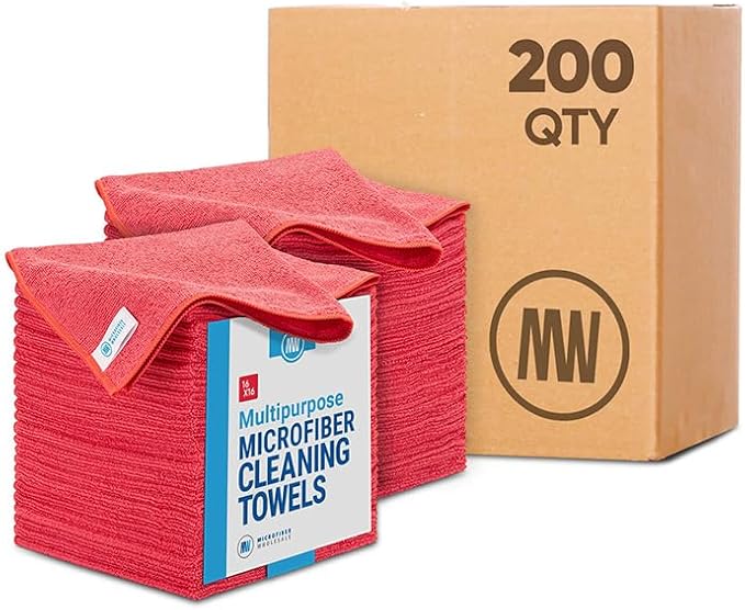 Bulk 16" x 16" All Purpose Microfiber Towels Wholesale - Case Quantity (200 Count) | Large | No Fraying | High Density Microfiber | Zero Chemical Cleaner | Long-Lasting (Red)