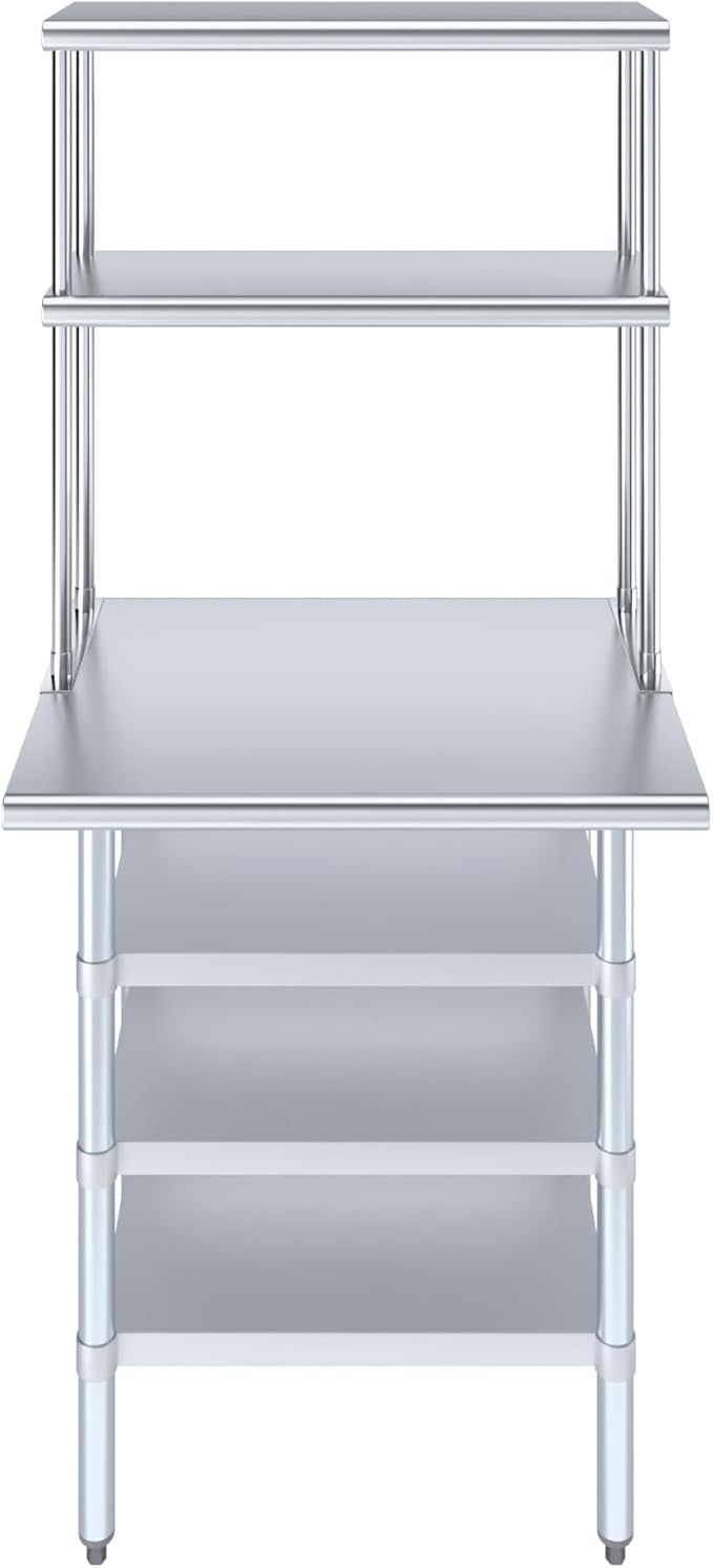 Amgood 24" x 30" Stainless Steel Work Table with 3 Shelves and 12" Wide Double Tier Overshelf | Metal Kitchen Prep Table & Shelving Combo | NSF