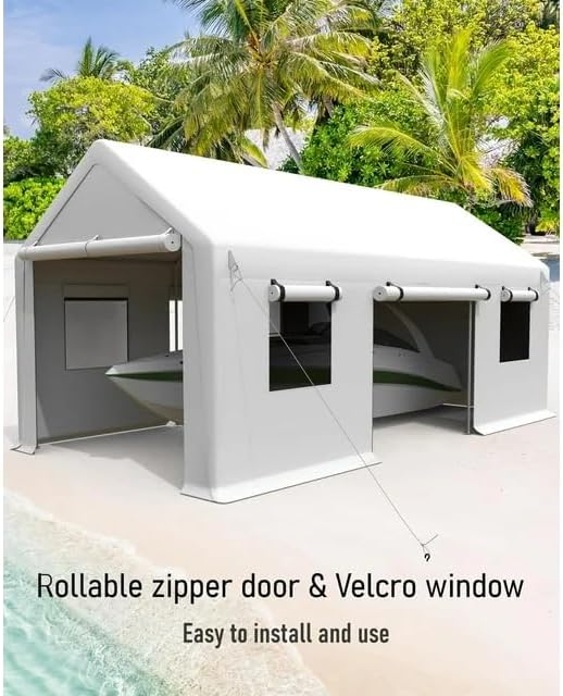 13x20 Ft. Metal Carport Garage with PE Fabric and Galvanized Steel Frame Outdoor Shelter for Cars, Trucks and Boats with 4 Doors and Mesh Windows for Ventilation - White