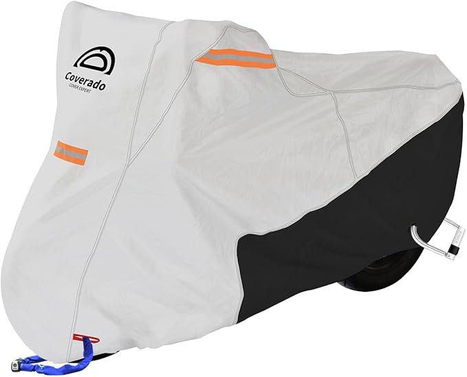 Coverado Motorcycle Cover Waterproof, All Weather Protection Outdoor Full Motorcycle Covers - UV Proof with Flame Retardant Fabric Fit for Harley Davidsion Yamaha Honda Suzuki (up to 111" Motors)