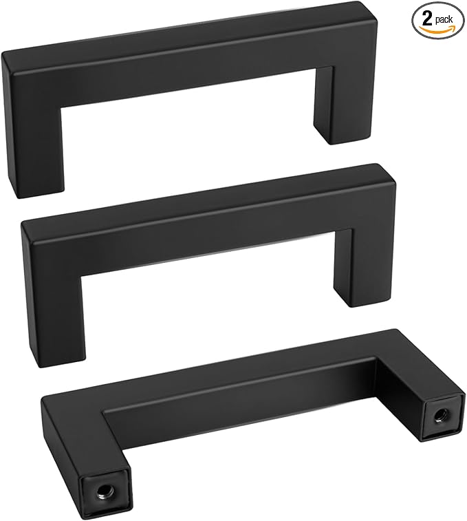 Goldenwarm 2Pack Black Square Bar Cabinet Pull Drawer Handle Stainless Steel Modern Hardware for Kitchen Bathroom Cabinets Cupboard,Center to Center 3in (76mm) Modern Matte Black Drawer Pulls
