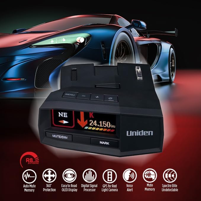 Uniden R8W (New Model) Extreme Long Range Laser/Radar Detector, 360° Awareness, Directional Arrows, Wi-Fi, Bluetooth, GPS, Real-Time Voice Alerts, Red Light & Speed Camera Alerts, R/TACH App