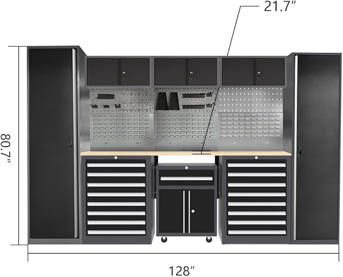 JZD Steel Garage Storage Cabinet System with Workbench, Included One Tool Cart, for Utility Room Workshop