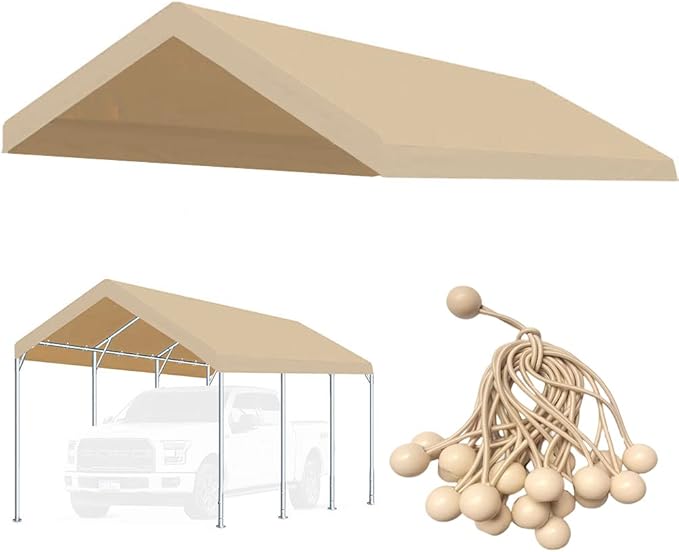 12'x20' Upgraded Carport Replacement Top Canopy Cover for Car Garage Shelter Tent Party Tent with Ball Bungees Beige (Only Top Cover, Frame is not Included)