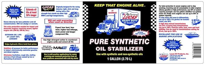 Lucas Oil Motor Additive, Pure Synthetic Oil Stabilizer, Synthetic, 1 gal Jug, Each