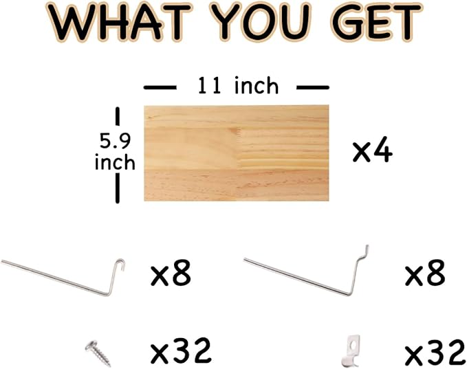 Shelves for PegBoard, Pine Wooden Pegboard Shelf Wall Organizer, Wooden Board for Walls Home, Garage Tool Storage, Office Organization, Kitchen, Craft Room,4 Pack