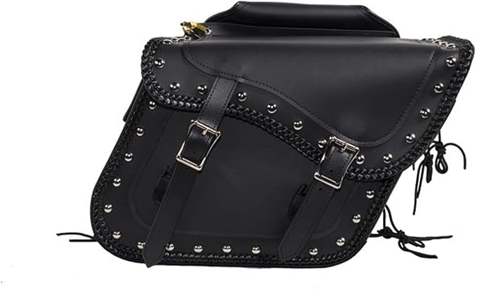 Synthetic Leather Motorcycle Luggage Bag - Waterproof Throw Over Saddlebags For Motorcycles - Softails, Sportsters, Choppers, Dyna, V-star, Shadow (With Studs, Black, 13'x13'x10')