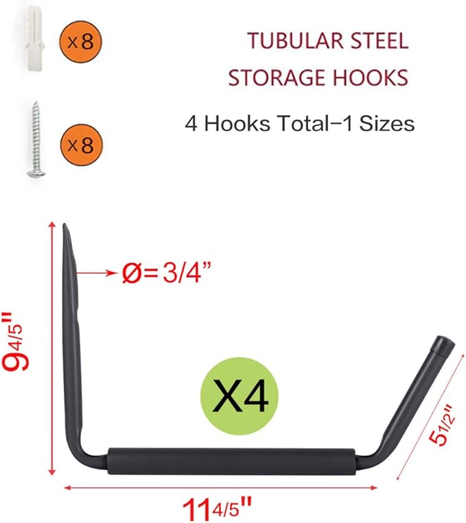 Wintek Heavy Duty Giant Arm Hang-It-All Wall Mount Storage Hook Rack for SUP & Surfboard, Ski & Snowboard, Skateboard, Longboard, Paddleboard|Home Garage Storage & Organization Hangers-4 Pack (Black)