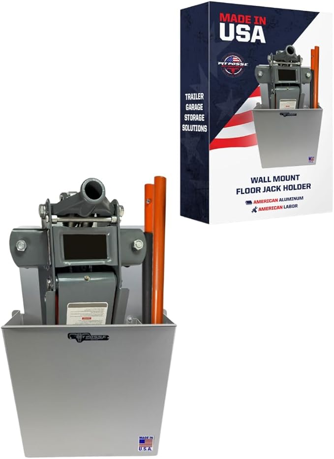 Pit Posse PP3351 Aluminum Wall Mount Floor Jack Holder Pouch Stabilizer - Made in USA - Stabilizer for Enclosed Race Trailer Garage Shop Organizer Storage Snowmobile 5th Wheel Toy Hauler (Silver)