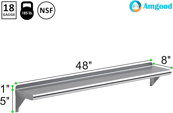 AmGood 48" Long X 8" Deep Stainless Steel Wall Shelf | NSF Certified | Appliance & Equipment Metal Shelving | Kitchen, Restaurant, Garage, Laundry, Utility Room