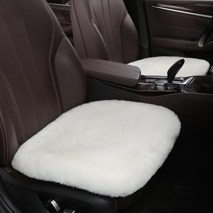 Fluffy Genuine Australia Sheepskin Car Seat Cover for Auto Interior Accessories with Soft Fuzzy Wool Eco-Friendly Natural Fur Non-Slip (White, Front 20 * 20inchs)