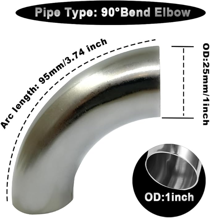 OD 1 Inch 90 Degree Stainless Steel Bend Tube 1” Exhaust Elbow Pipe for Car Modified Exhaust System 1" Piping Silver Tone，Stair Handrail (1pcs)