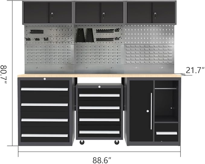 JZD Garage Storage Workbench Cabinet Set System, Heavy Duty, Tool Cabinets with Drawers & Rolling Chest, Wall Mounting Not Necessary