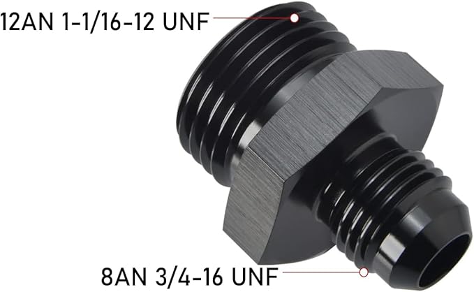 8AN Male Flare to 12AN 12 ORB O-ring Boss Fuel Rail Adapter Fitting Aluminum Black, Pack of 2
