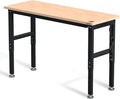 WORKPRO 60" Adjustable Workbench, Rubber Wood Top Heavy-Duty Workstation, 2000 LBS Load Capacity Hardwood Worktable with Power Outlets, for Workshop, Garage