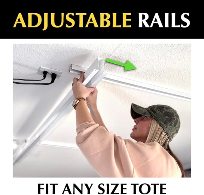 Tote Slide PRO – Made in USA | Heavy-Duty Alloy Steel Overhead Rack – Organize Up to 15 Storage Tote Bins on Garage Ceiling – 88” x 80” x 3.5”, White – Space-Saving Design