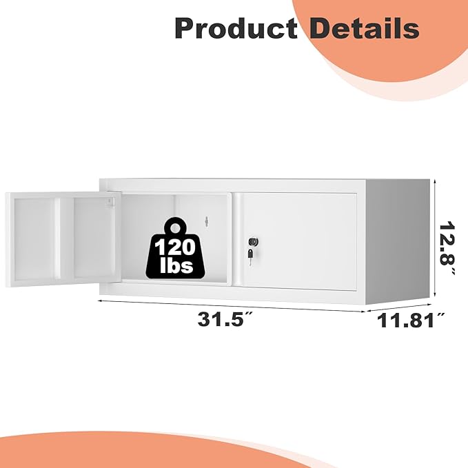 LUCYPAL Metal Storage Cabinet,Garage Wall Mounted Storage Cabinet with Locking Doors,Steel Hanging Cabinets for Home Office,Warehouse,Bathroom,Kitchen,White,12.8''H
