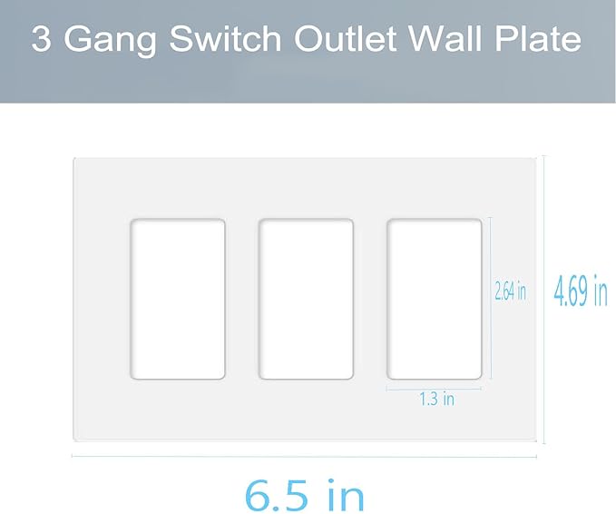 3-Gang Screwless Decorator Wall Plate Cover Switch Outlet Electrical Faceplate for Light Switche, Smart Switch, Receptacle, Dimmers, USB Outlet, GFCI, Child Safe Cover Plate, White (6-Pack)