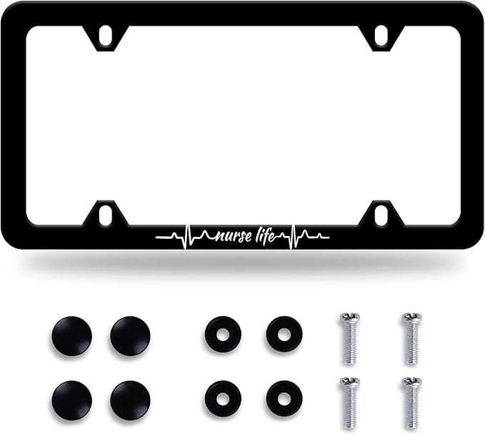Nurse Life License Plate Frame Beautiful Text License Plate Stainless Steel Parts Funny License Plate Decorative with Screws Size 12.3" x 6.3" Men Women