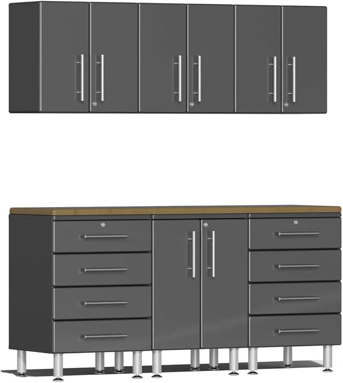 Ulti-Mate UG22072G 7-Piece Garage Cabinet Kit with Bamboo Worktop in Graphite Grey Metallic